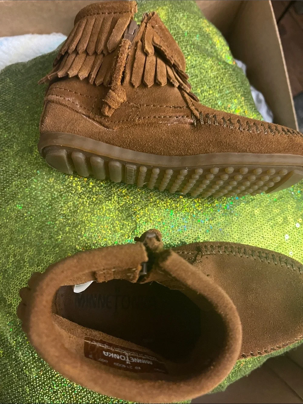 Minnetonka Kids Brown Suede Fringe Moccasins